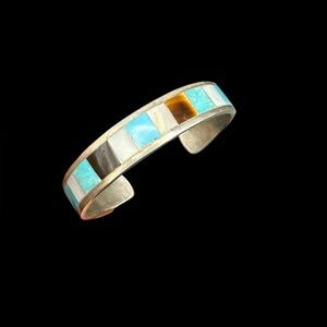 Vintage Sterling Silver Navajo Inlay Cuff Bracelet Turquoise MOP Shell Inlay